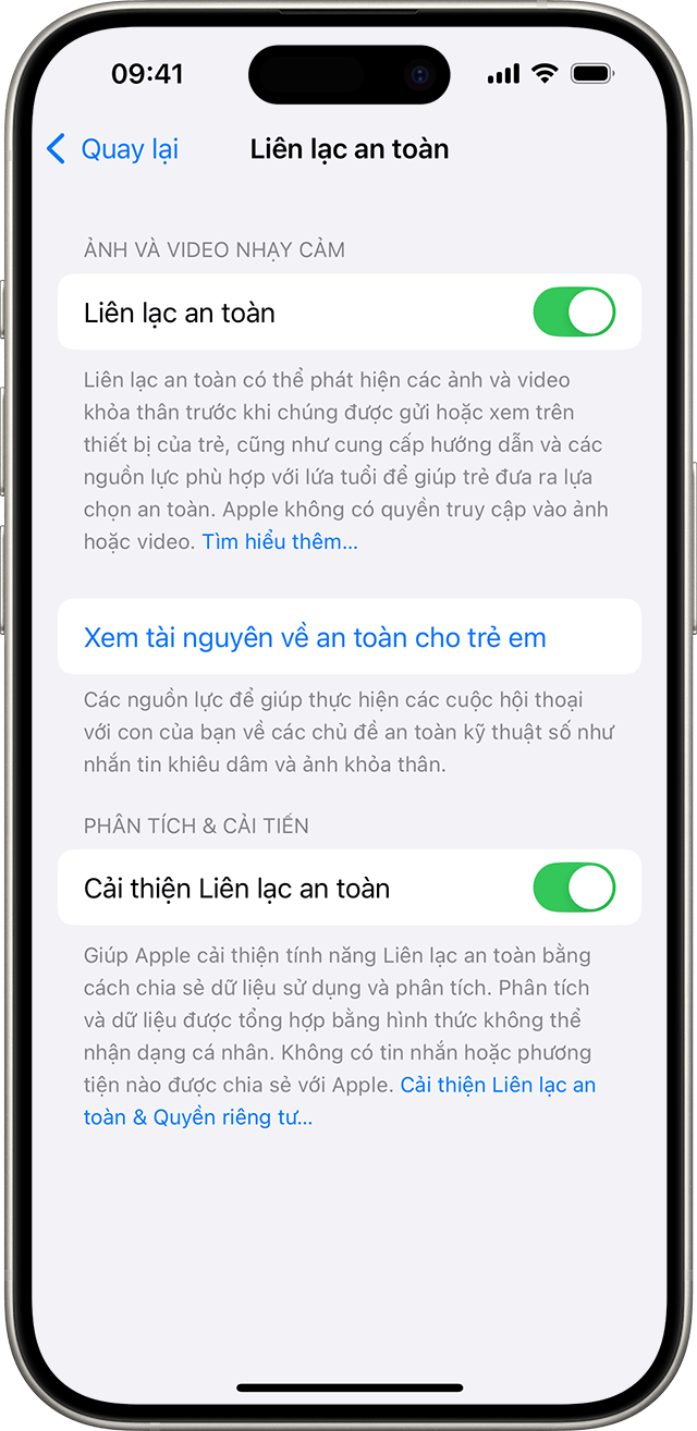 Trong cài đặt iPhone, bật tính năng Liên lạc an toàn.