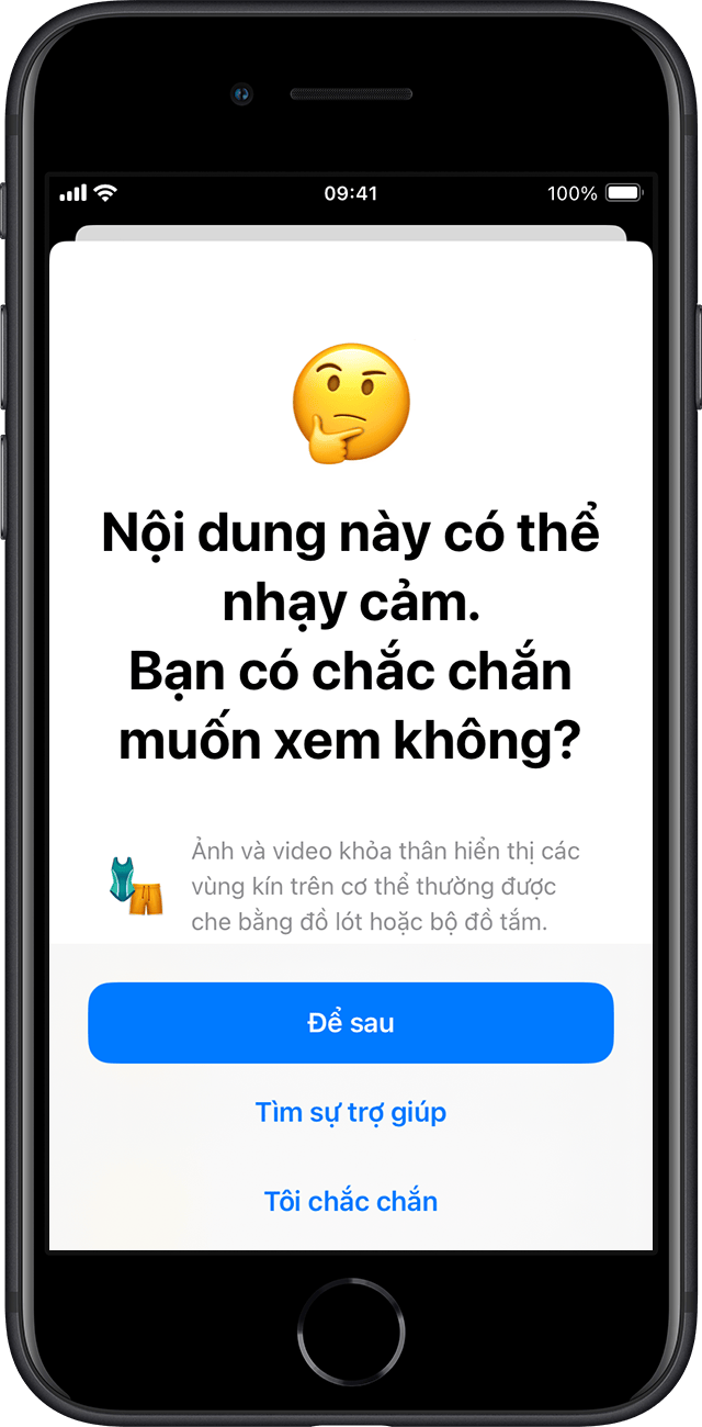 Tính năng Liên lạc an toàn đảm bảo rằng trẻ thực sự muốn xem nội dung nhạy cảm tiềm ẩn và đưa ra các cách để nhận trợ giúp.