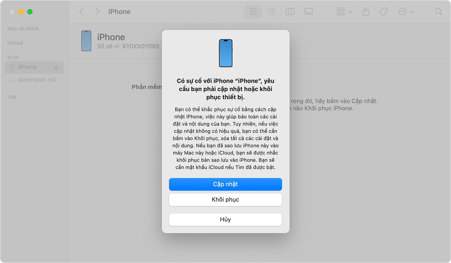 Cửa sổ Finder hiển thị các tùy chọn khôi phục hoặc cập nhật iPhone của bạn
