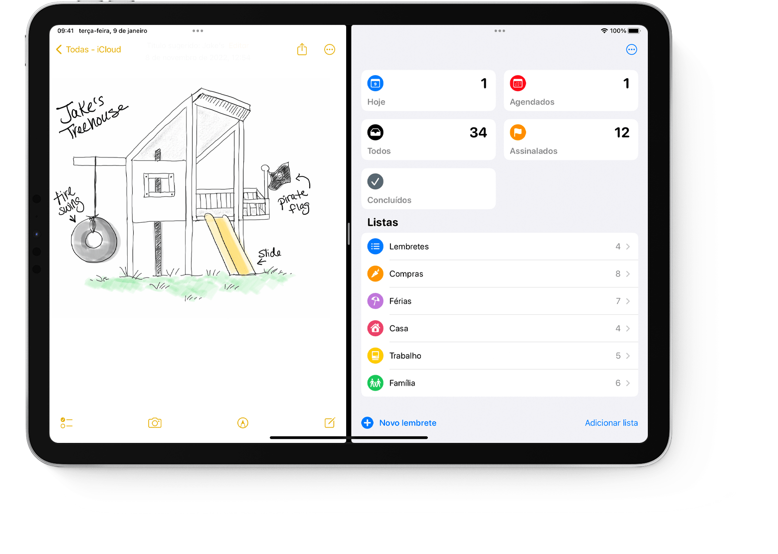 Ecrã do iPad a mostrar duas apps em modo Split View