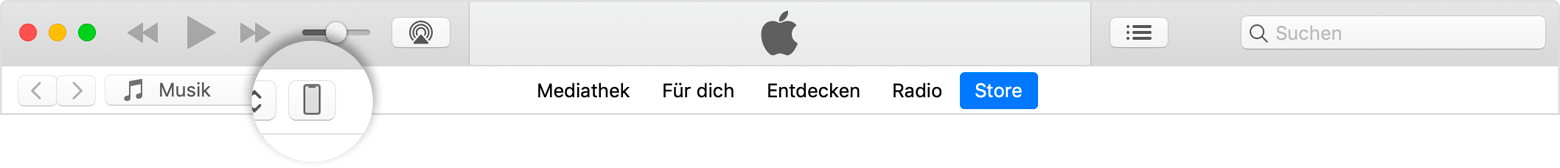 iTunes-Menüleiste mit ausgewähltem iPhone-Symbol