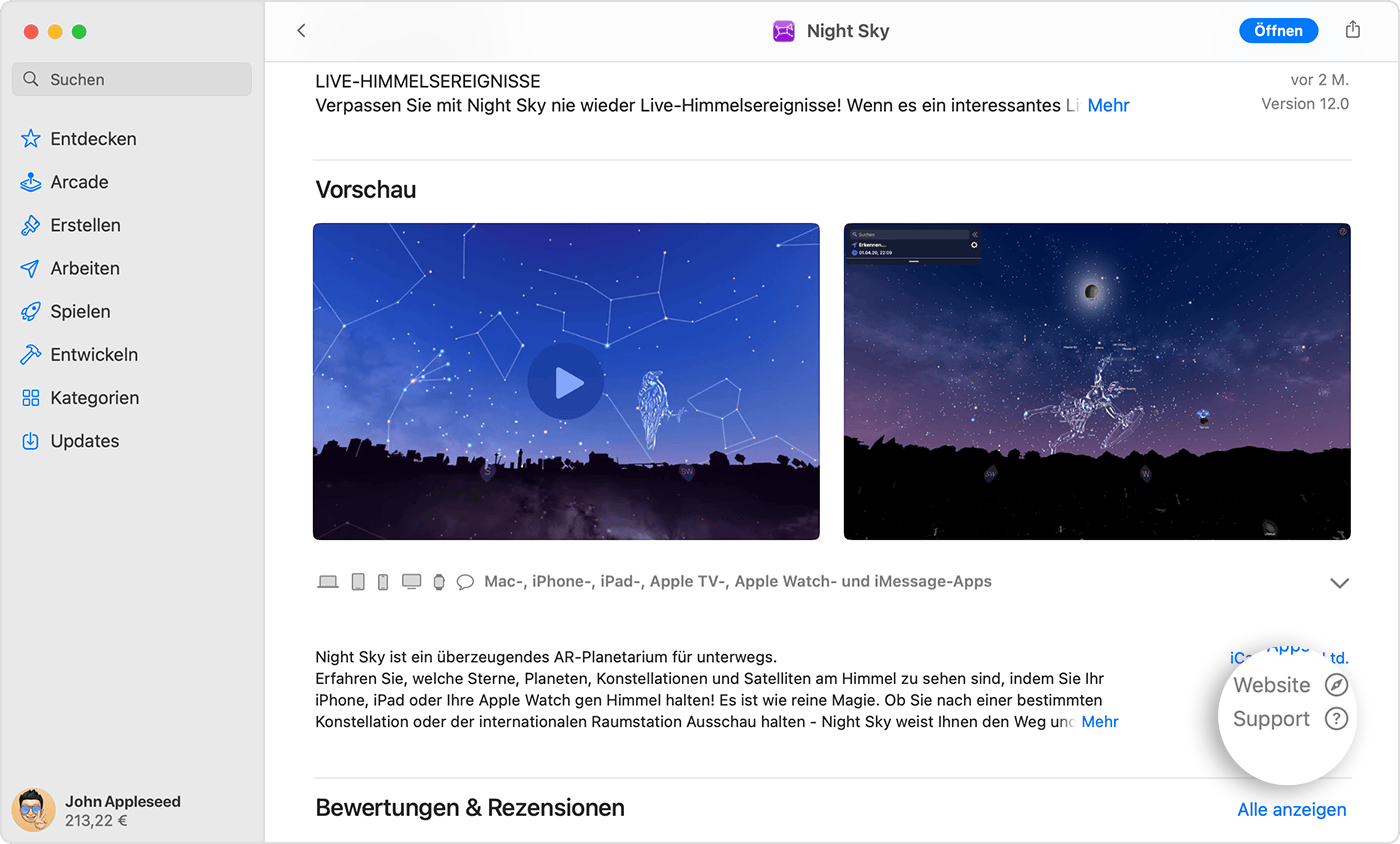 Im App Store auf dem Mac findest du die Taste „Support“ oder „App-Support“ neben den Bewertungen und Rezensionen.