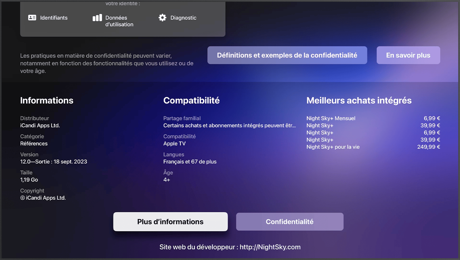 Dans l’App Store sur une Apple TV, le site web du développeur est indiqué en bas de la page de l’app.