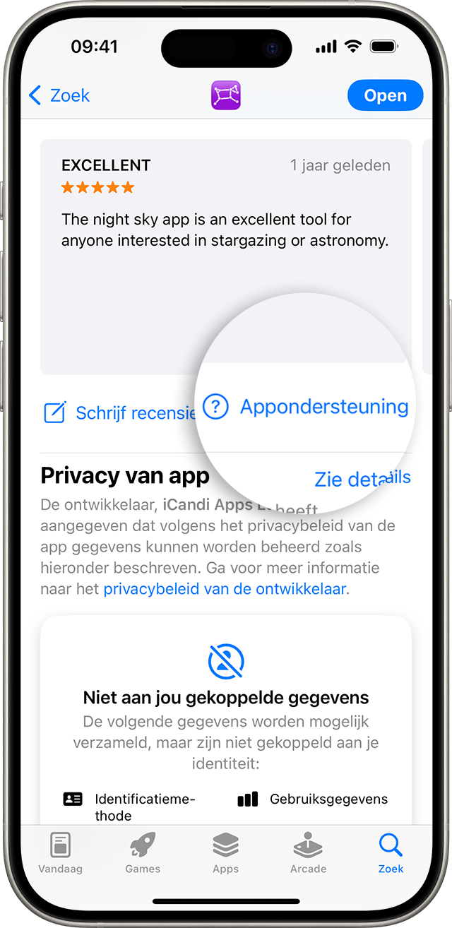 In de App Store op een iPhone vind je de knop 'Appondersteuning' onder de recensies.