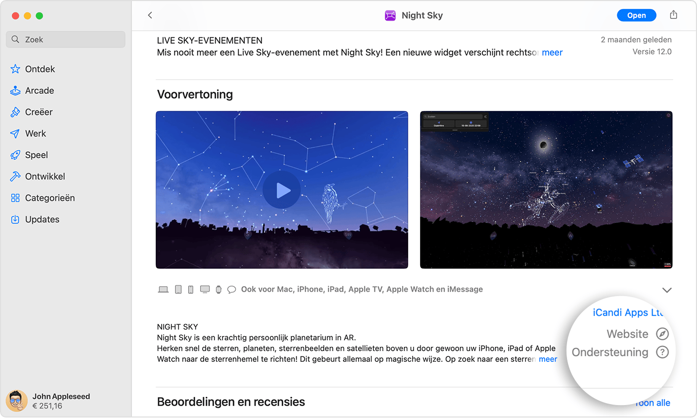 In de App Store op een Mac vind je de knop 'Ondersteuning' of 'Appondersteuning' bij de beoordelingen en recensies.