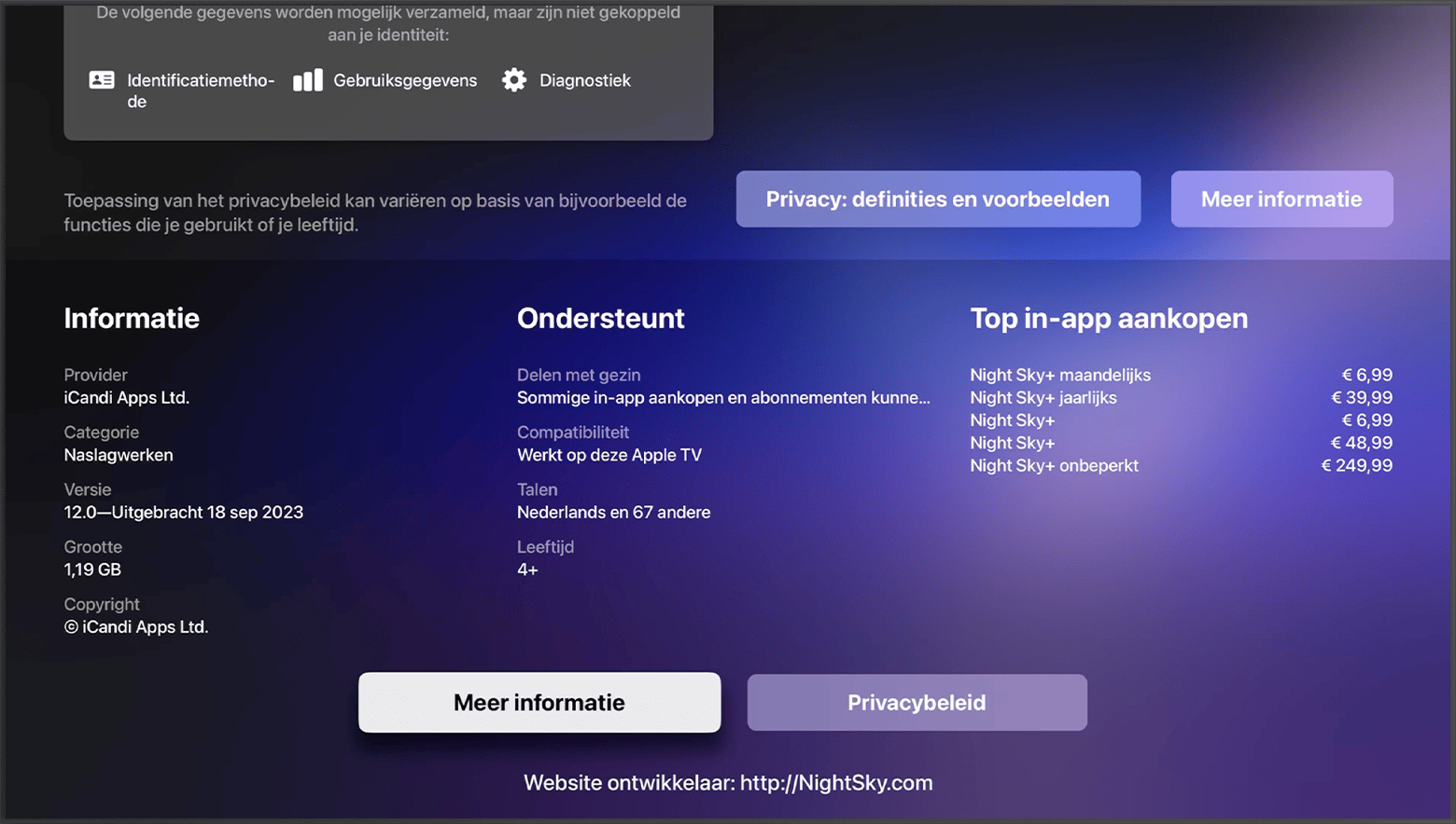 In de App Store op een Apple TV staat de website van de ontwikkelaar onderaan de pagina van de app.