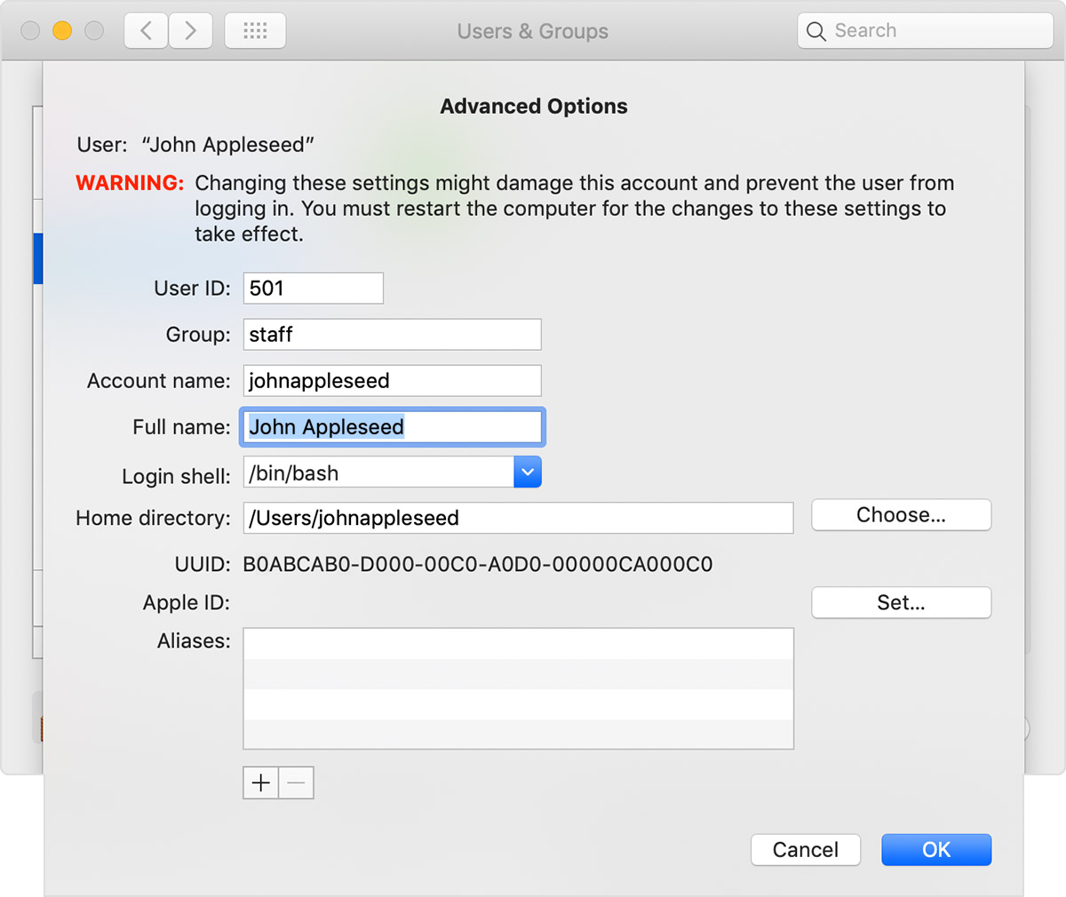 Users & Groups pane, showing the Advanced Options window