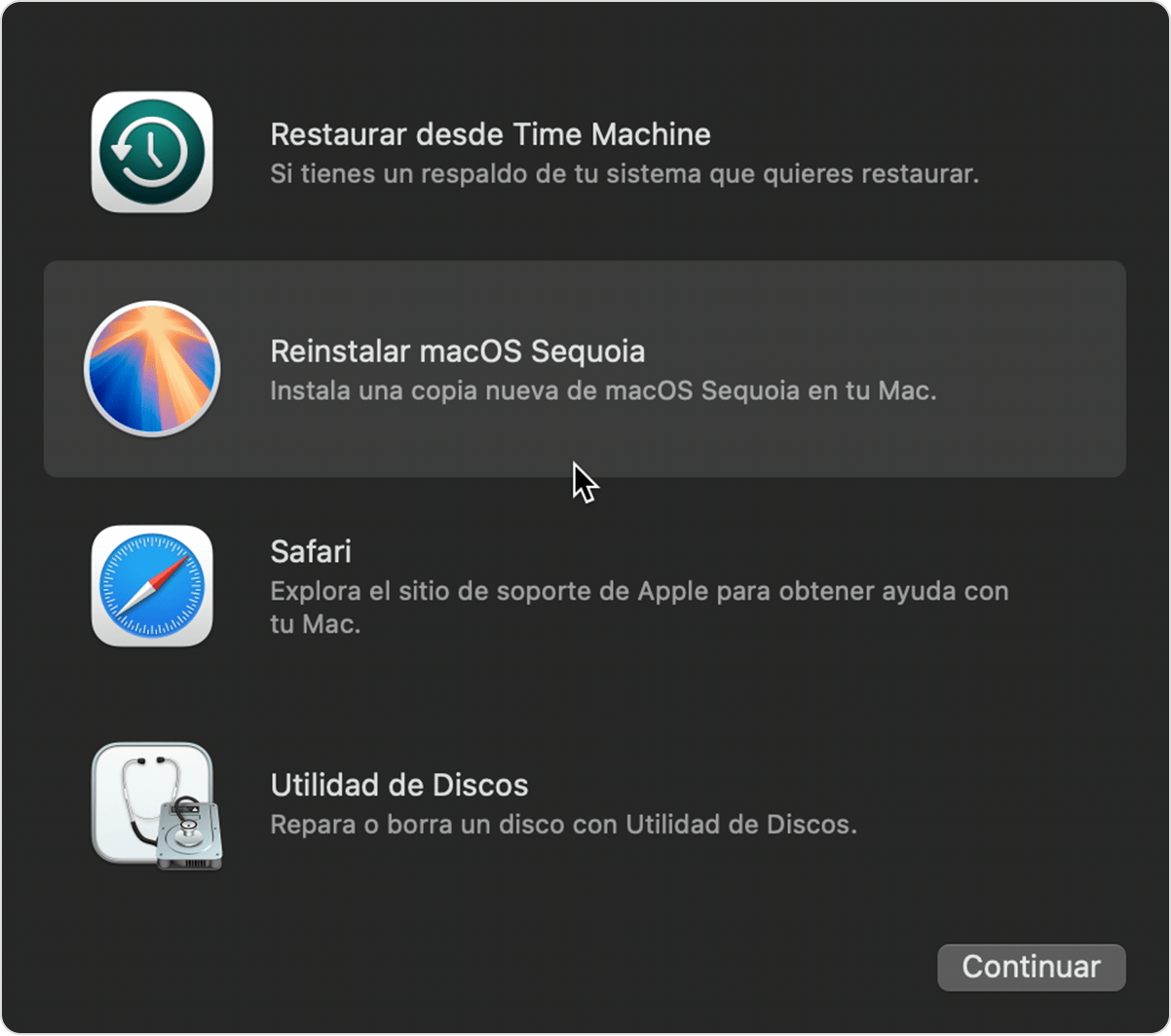 Ventana Utilidades para macOS Sequoia