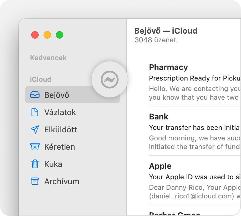 Egy iCloud-fiók a Mail oldalsávján, egy villám alakú ikonnal