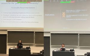 Two side-by-side images, each showing a presenter standing at a podium with slides projected behind, presenting at EuroUSEC 2023. Kazma is on the left, Khadija is on the right.