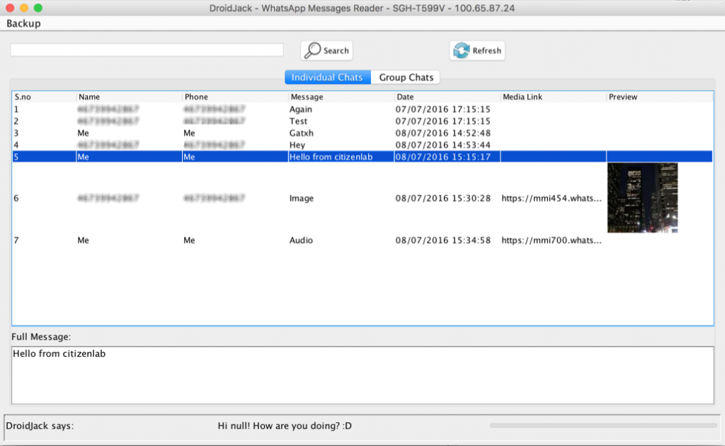 Figure 38: DroidJack browsing WhatsApp logs for an infected device.