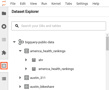 O painel Dataset Explorer mostra um projeto expandido e uma lista de conjuntos de dados.