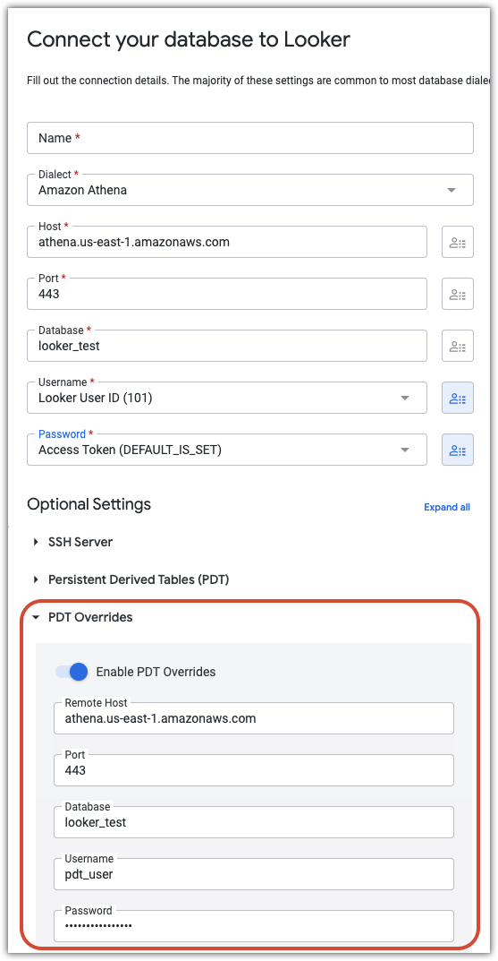 Sezione Override PDT della pagina Connetti il tuo database a Looker.