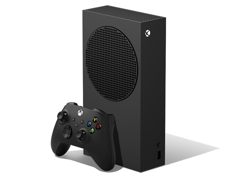 Vista en ángulo derecho de la Xbox Series S: 1 TB negro carbón con Mando inalámbrico Xbox: negro carbón