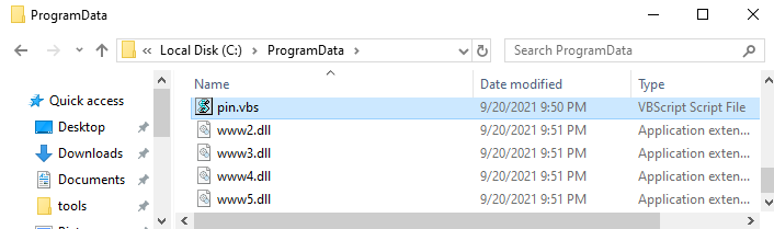 Figure 5: Disk artifacts after the pin.vbs file has been executed and downloaded the Squirrelwaffle loader DLL.