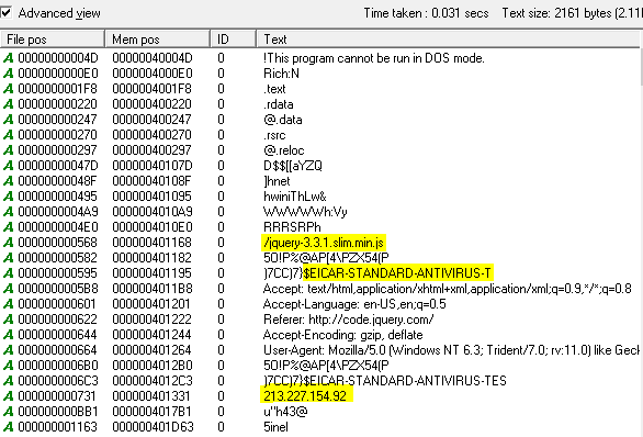 Figure 11: Cobalt Strike stager delivered by Squirrelwaffle with interesting strings highlighted.