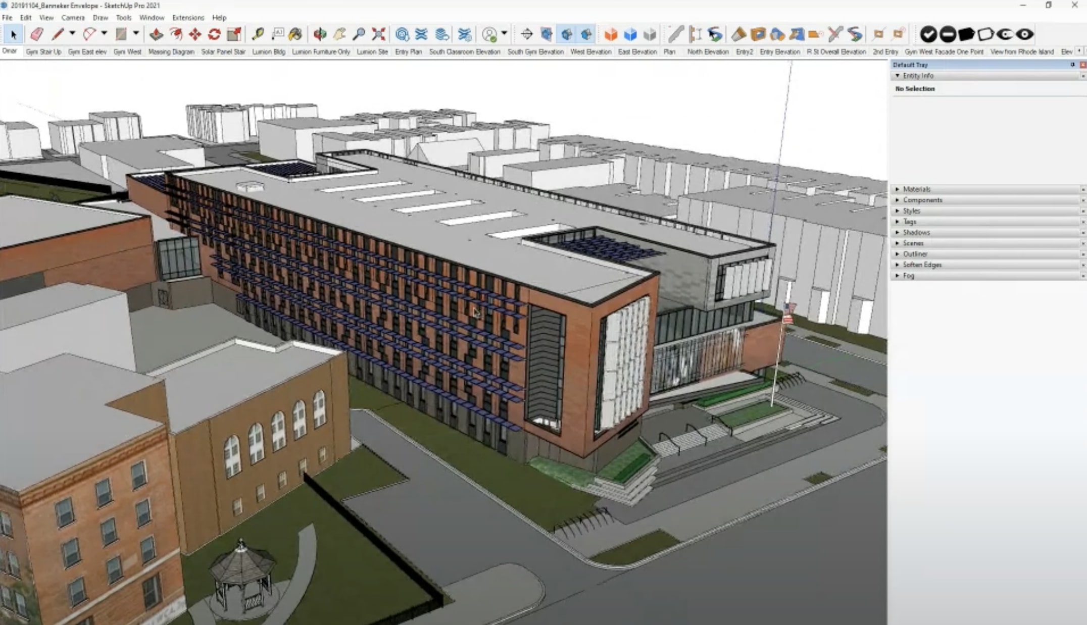 Modèle SketchUp de la façade orientée sud avec mise en évidence des panneaux solaires.