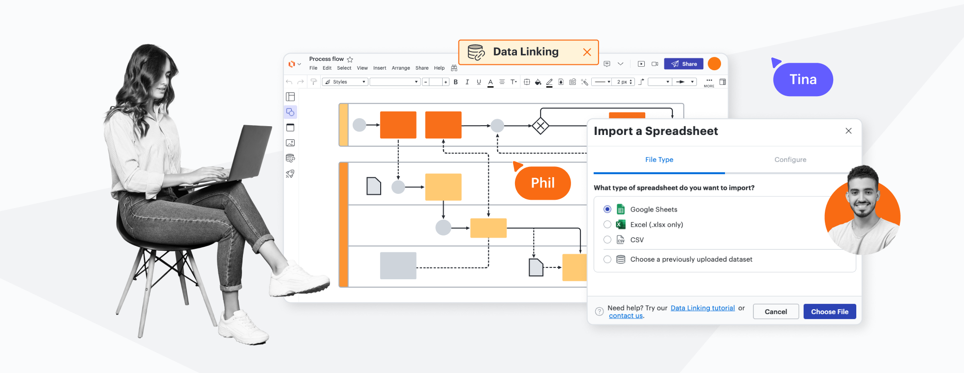 A conceptual image showing data linking in Lucidchart, and the menu for importing a spreadsheet