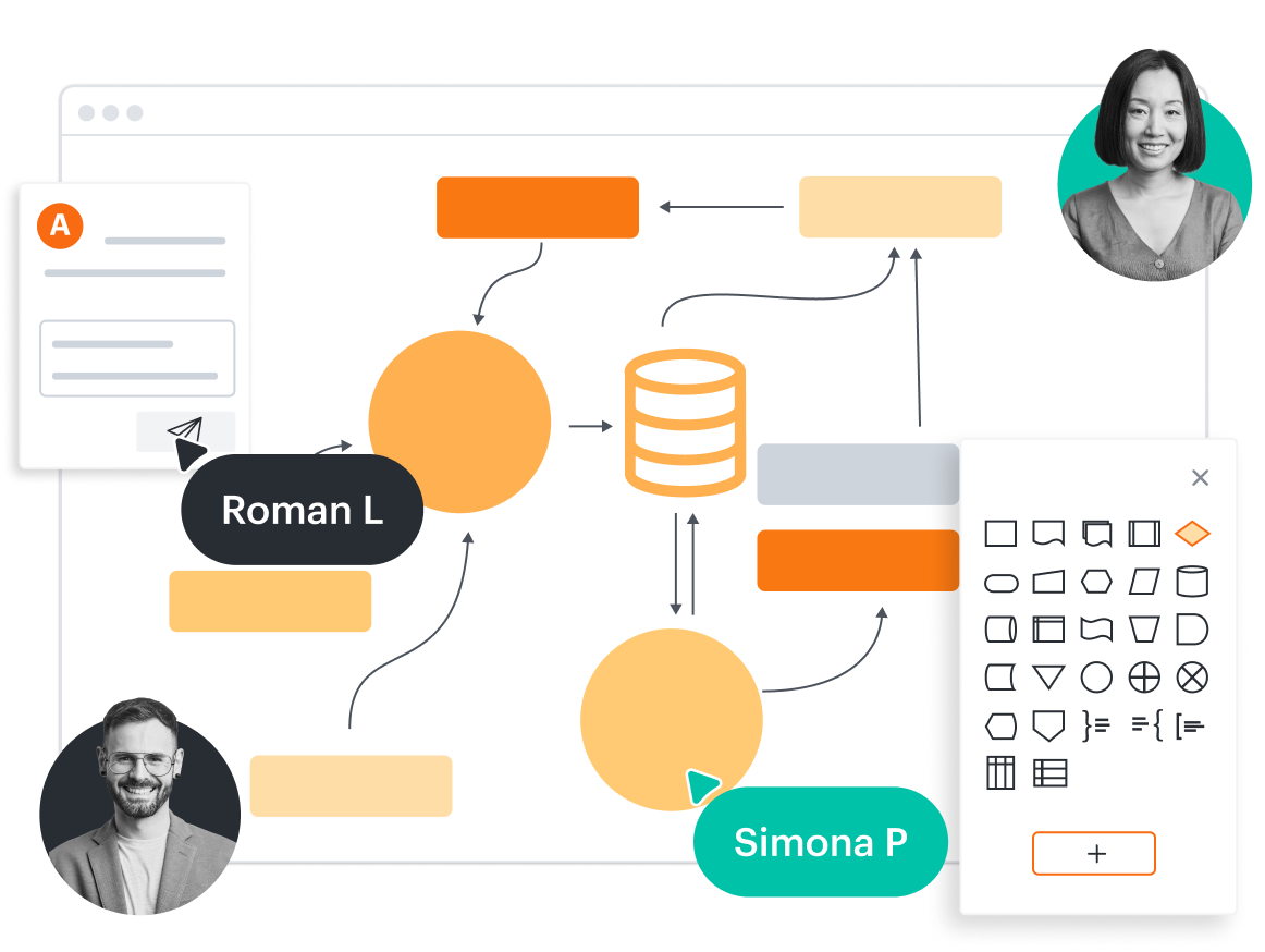 A conceptual image showing an architecture diagram with the shapes menu open on the canvas