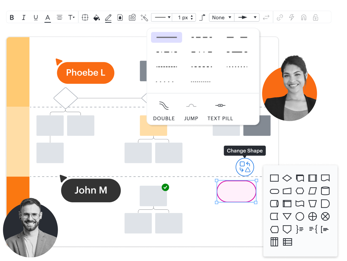 A conceptual image showing menus with different options for adding shapes and lines in Lucidchart