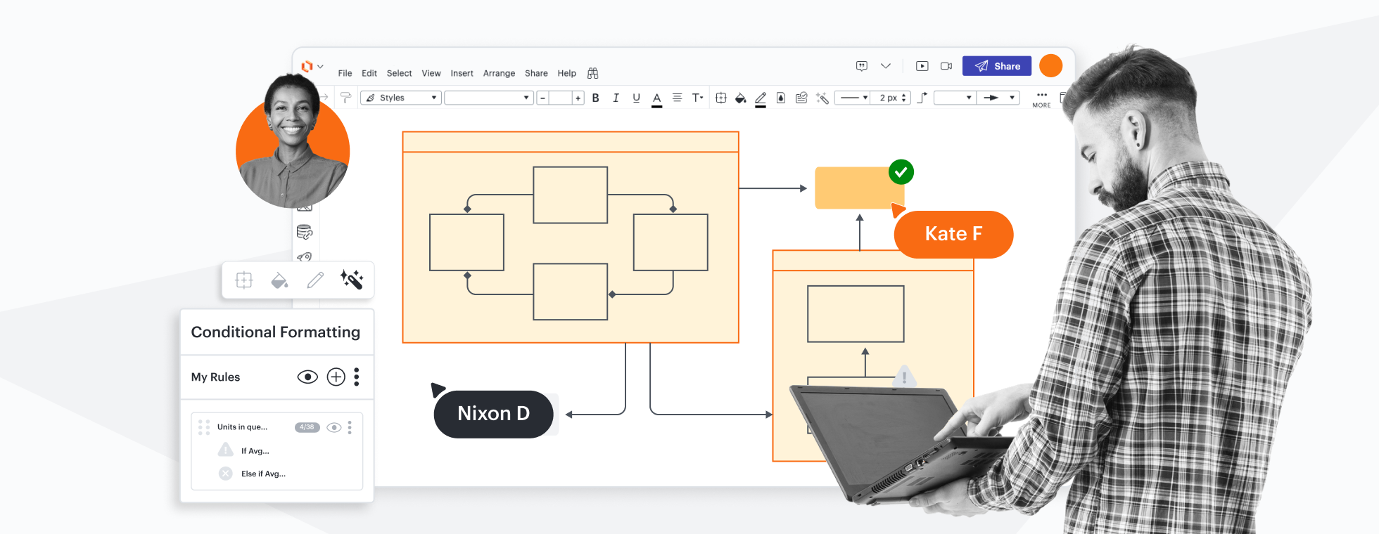 A conceptual image showing diagrams in Lucidchart with the conditional formatting menu open on the canvas