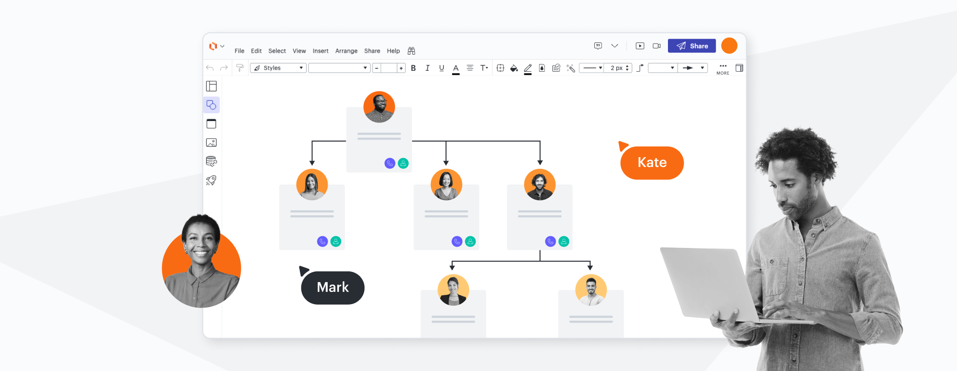 A conceptual image showing an org chart created in Lucidchart with employee profile pics