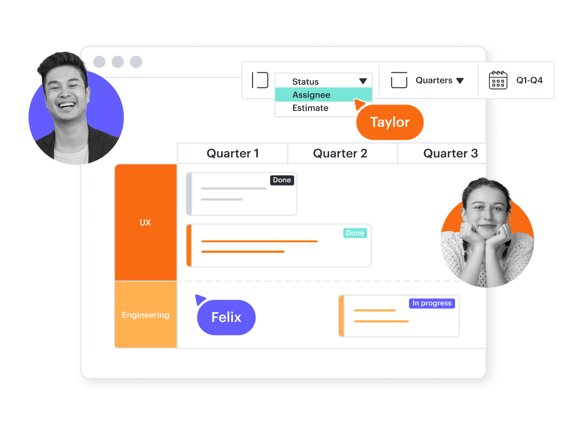 A conceptual image showing project planning being organized by quarter and by team in Lucidchart