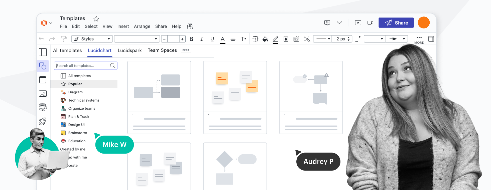 A conceptual image showing the templates menu in Lucidchart