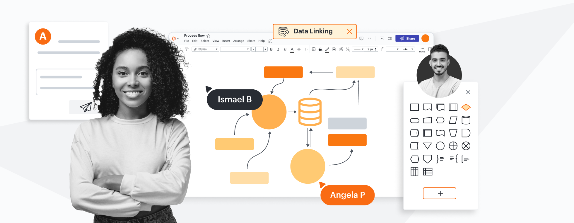 A conceptual image showing a process flow diagram in Lucidchart with the shapes menu open and highlighting functionality for data linking