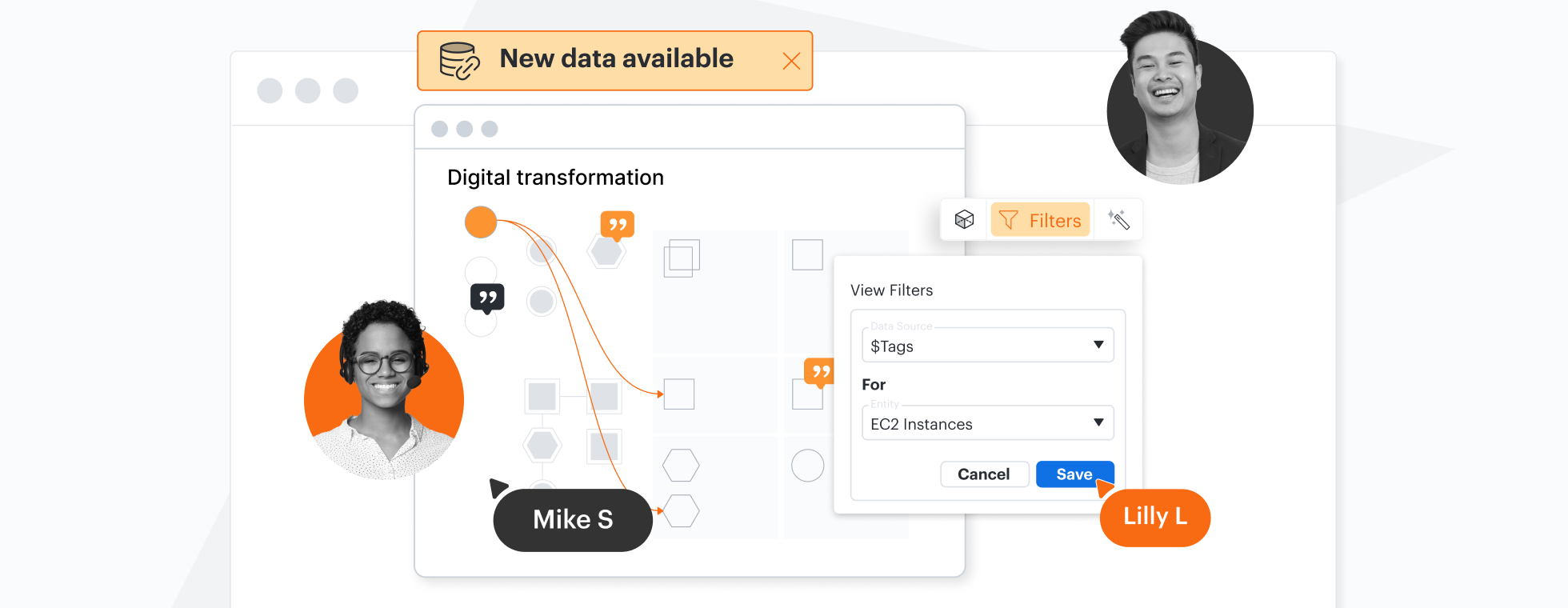 A conceptual imaging showing Lucidchart’s data linking functionality and the ability to create data filters