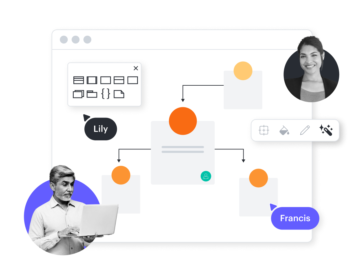 A conceptual image showing an org chart with the shapes menu open on the Lucidchart canvas