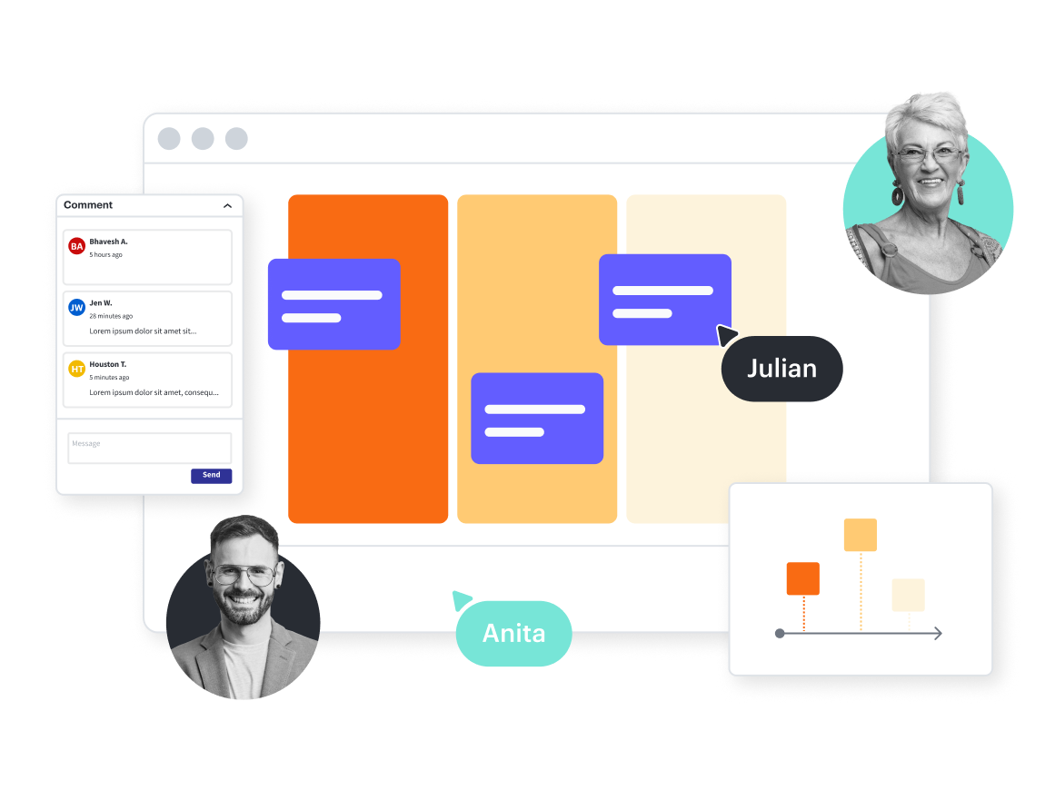 A conceptual image showing Visual Activities, a diagram with swimlanes, and commenting in Lucidchart