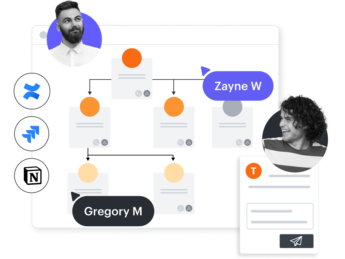 A conceptual image showing an org chart in Lucidchart and showing logos for Jira, Confluence, and Notion