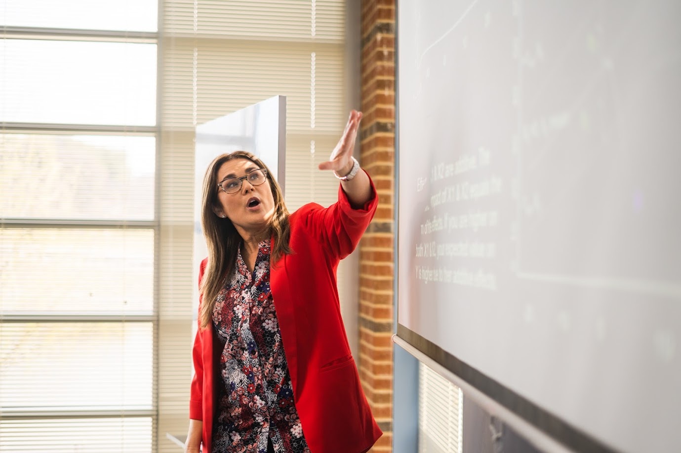 Adult, Female, Person, Woman, Teacher, Glasses, Face, Head, White Board, Scarf