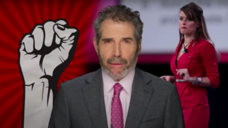 John Stossel is seen next to a socialist symbol and commentator Gloria Alvarez | Stossel TV