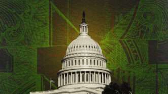 The U.S. Capitol is seen in front of money | Illustration: Lex Villena;  David Watts Jr.