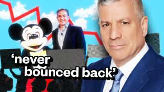 Charles Gasparino with Bob Iger and Mickey Mouse in the background against a blue sky with white clouds, a red crooked line pointed downward, gray boxes, and the words 'never bounced back' in white with black outline | Illustration: Lex Villena/Imagine China/Newscom