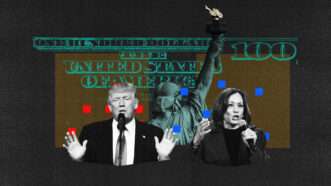 Donald Trump and Kamala Harris standing in front of silhouette of money | Illustration Lex Villena. Adapted from Mark Hertzberg/ZUMAPRESS/Newscom, Gage Skidmore, Thomas Lozinski, Dreamstime.com