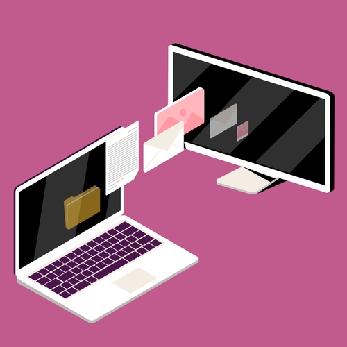 An illustration of two computer screens with files being exchanged.