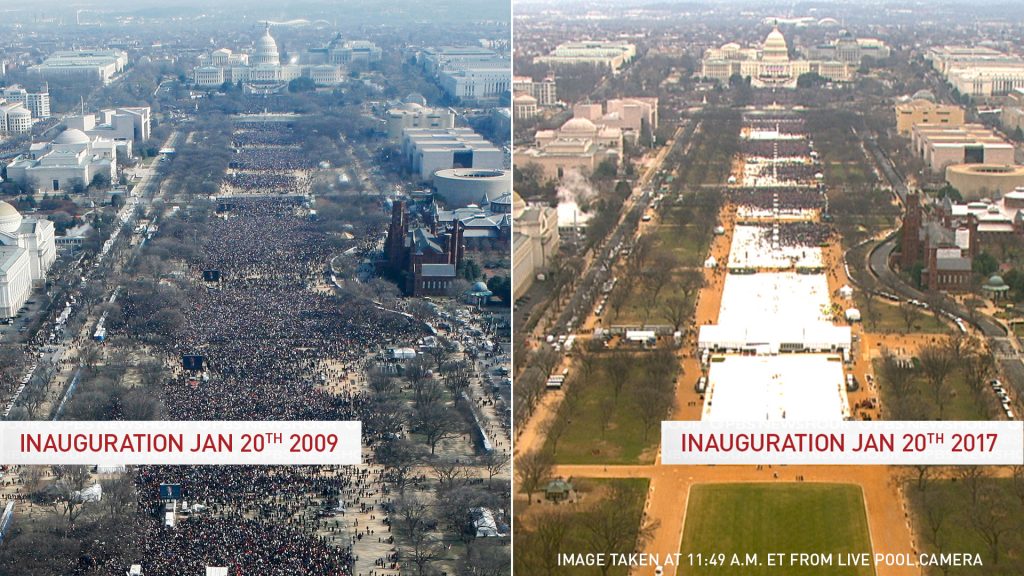 A view of the National Mall during Barack Obama's first inauguration in 2009 and for Donald Trump's inauguration in 2017. Photos by Reuters and Pool Camera. Image has been updated to include time taken.