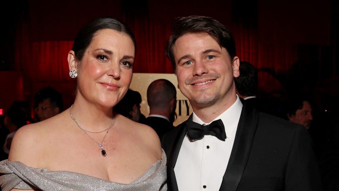 (L-R) Melanie Lynskey and Jason Ritter attend the 2024 Vanity Fair Oscar Party