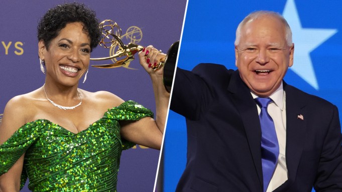 Liza Colón-Zayas smiles and holds up her Emmy Award; Tim Walz smiles and waves to supporters at a rally