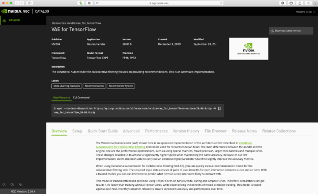 The image shows the VAE Recommender Model page, with all the pull instructions, documentation for setting up the model and the necessary performance metrics associated with this model.