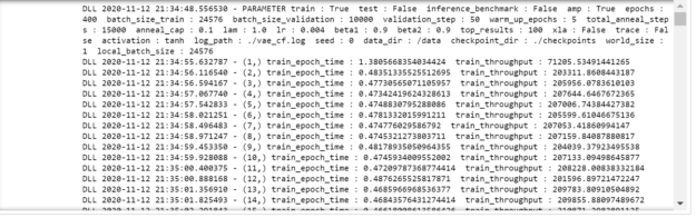 Output of each training step from the model for 50 epochs that shows the additional parameter such as batch size, validation steps, iteration time and the training throughput.