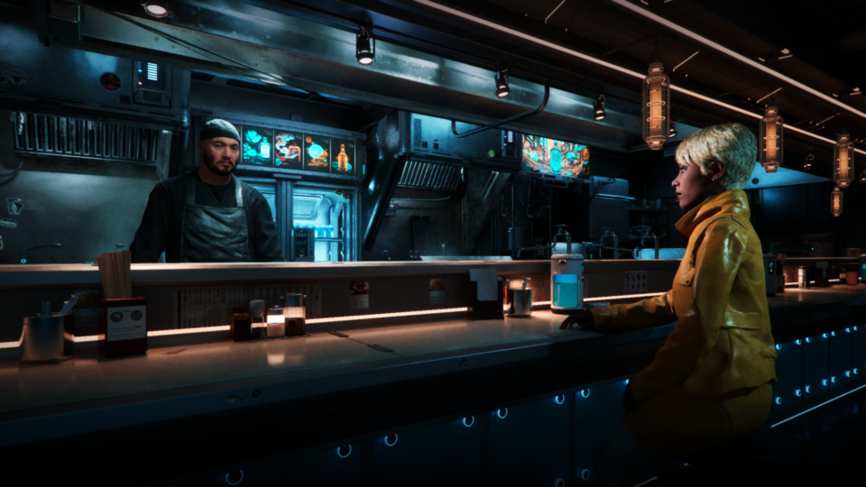 Still image from Kairos demo, of an NPC at a bar.