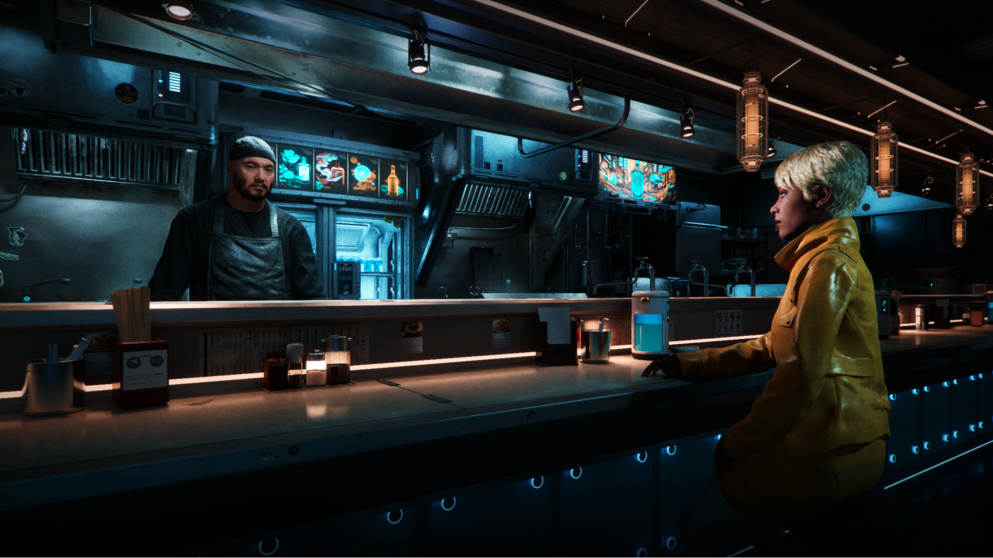 Still image from Kairos demo, of an NPC at a bar.