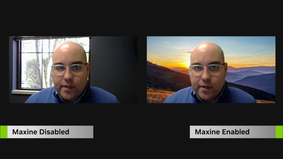 Image showing side by side comparison of person on webcam. Left side has the input with the user gazing off screen, the right side has the user’s background replaced with a scene of mountains and the user’s eyes are focused on the camera.