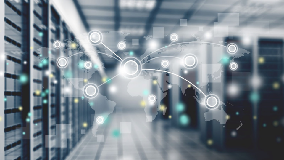 Decorative image of a datacenter with an overlay of a network model.