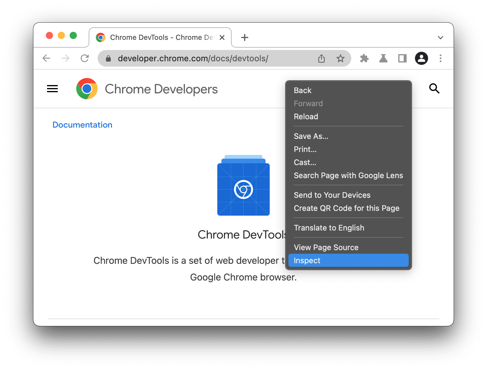 Opcja Sprawdź w menu w Chrome.