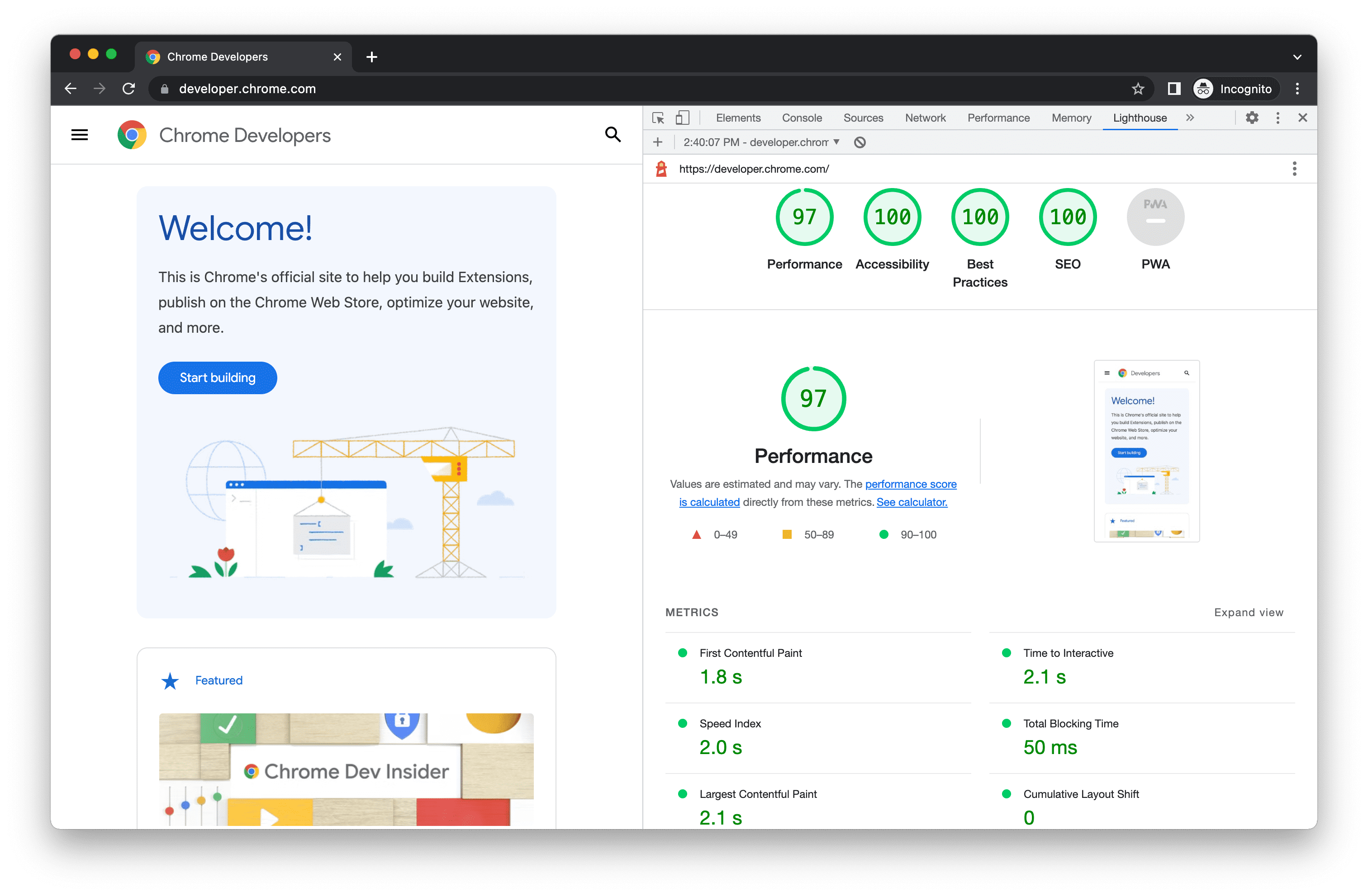 Chrome 開發人員工具中的 Lighthouse 報告